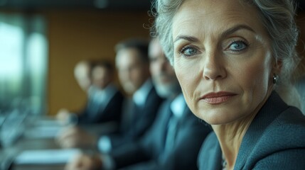 Obraz premium A middle-aged woman confidently leads a corporate board meeting while male colleagues listen attentively in a modern conference room. This setting promotes gender equality in leadership