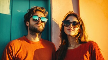 Obraz premium Joyful Young Couple Embracing Summer Vibes in Stylish Sunglasses During Sunset
