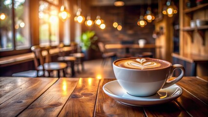 Fototapeta premium A steaming cup of latte art on a wooden table in a cozy coffee shop cafe, inviting, latte, inviting, latte, art, atmosphere