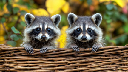 Obraz premium Two young raccoons peeking out from behind a rustic fence, demonstrating curiosity and the connection between wildlife and human habitats. For wildlife conservation and nature-themed designs.
