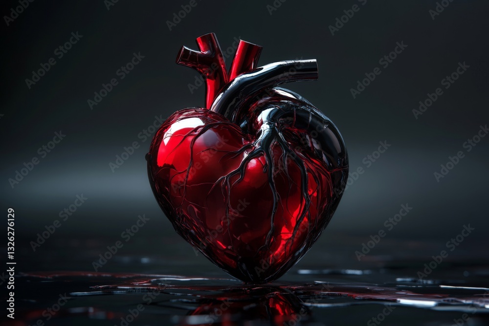 Poster realistic heart sculpture with intricate veins and a glossy finish on a dark background
