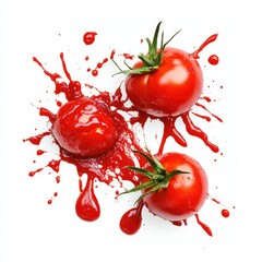Vivid Tomato Splatter: Juicy Red Tomatoes Smashed to Create a Bold Ketchup Sauce Effect on a Pristine White Background