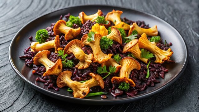 Healthy seared girolles mushrooms with black rice on a plate