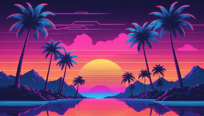 Neon sunset over palm trees and mountains reflecting in calm water with vibrant colors