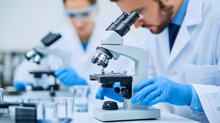 Scientists using microscopes in a lab symbolizing cancer research and medical advancements in the fight against diseases.
