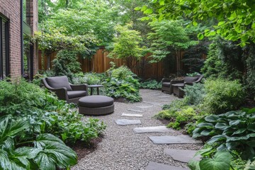 Garden seating area surrounded by lush greenery with a winding stone pathway in a serene backyard