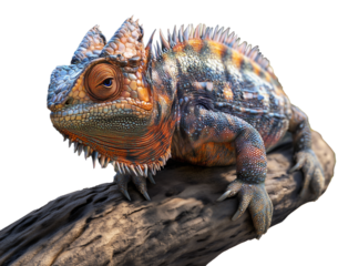 Close up of a chameleon on a tree branch. Transparent background.