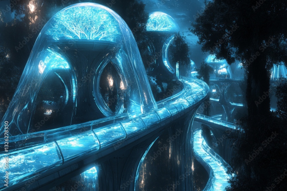 Poster stunning futuristic landscape with glowing trees and illuminated pathways at night in a serene envir