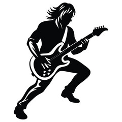 Silhouette of an Electric Guitarist in Action, Dynamic Black Vector Illustration of a Musician Playing Guitar on a White Background