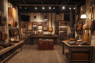 Fototapeta premium Rustic leather goods store exhibits warm displays and authentic craftsmanship for stylish accessory shopping experiences