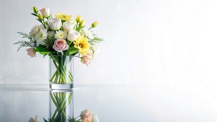 Fototapeta premium Elegant Bloom Flat Lay: Glass & Reflection Panoramic Stock Photo