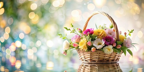 Elegant Floral Basket Arrangement: Flat Lay with Soft Bokeh & Glass Reflection
