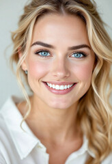 Naklejka premium A confident blonde woman with blue eyes and radiant skin, smiling in a white blouse.