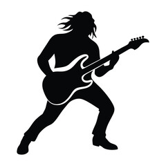 Silhouette of an Electric Guitarist in Action, Dynamic Black Vector Illustration of a Musician Playing Guitar on a White Background