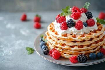 Delicious breakfast with stacked waffles topped with whipped cream and fresh berries during brunch