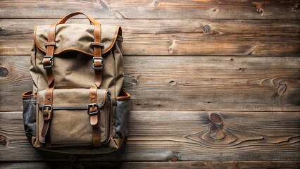Flat Lay Feminine Backpack Gear on Rustic Wood &acirc;&euro;&ldquo; Copy Space