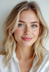 A confident blonde woman with blue eyes and radiant skin, smiling in a white blouse.

