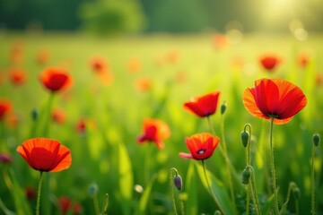 Obraz premium Red poppies scattered across a lush green summer meadow , background, june
