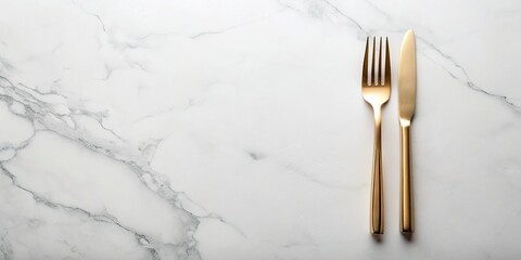 Flat Lay Marble Mockup: Elegant Fork & Utensil Set, Copy Space
