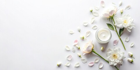 Fototapeta premium Flat Lay White Background Product Photography with Delicate Petal Lines & Copy Space