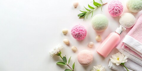 Flat Lay Shower Day Essentials: Soft Feminine Bath Products on White Background