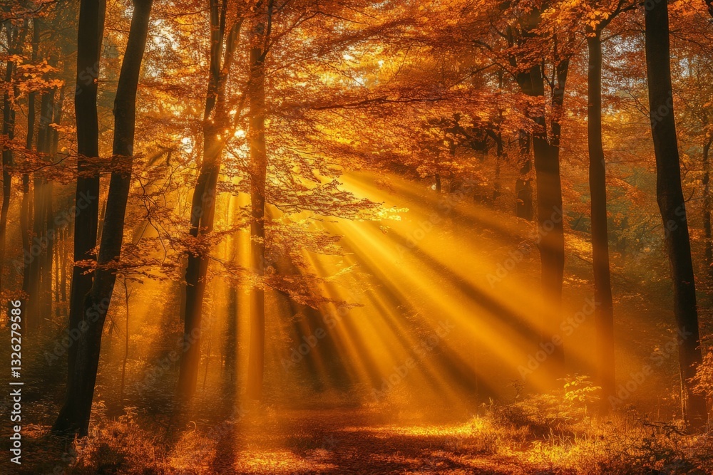 Poster golden sunlight filters through autumn trees in a tranquil forest setting during early morning hours