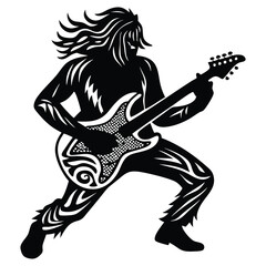 Rockstar Guitarist Silhouette, High-Energy Black Vector Icon of a Musician Performing with an Electric Guitar