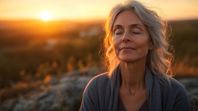A middle-aged woman sits cross-legged on a hilltop at sunrise, eyes closed in deep meditation. Her serene expression shows a connection to nature and inner peace amid the morning light