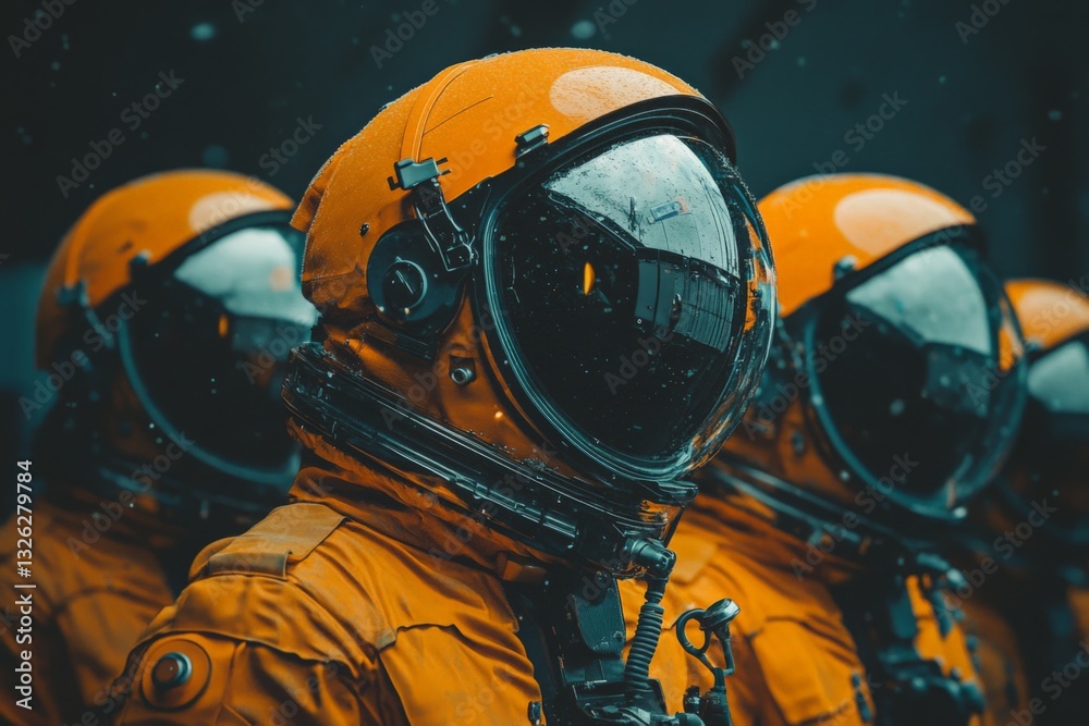Poster group of astronauts in orange suits preparing for mission in a futuristic environment during a cloud