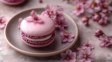 A pink macaron with a flower on top of it is sitting on a plate