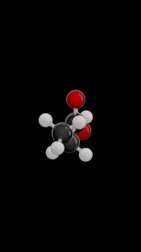 Molecule of Propionic Acid. Animated chemical 3D Model: Ball and stick. Molecular Formula: C3H6O2. Black background. Seamless loop. Vertical screen. 3D rendering.