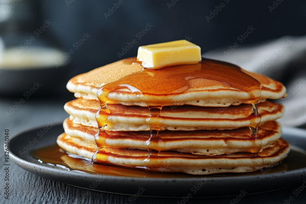 Poster fluffy pancakes topped with melting butter and drizzled with syrup on a dark plate