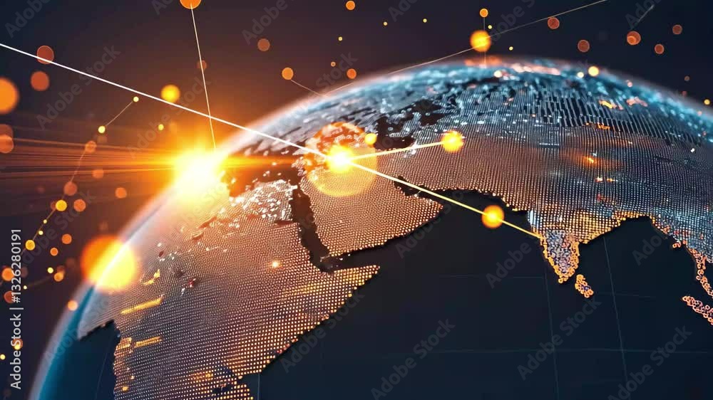 Poster digital globe with glowing data visualization and bright spot of light in a dark space, globe and di