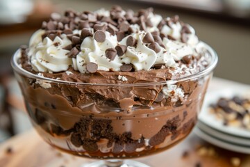 Chocolate trifle with whipped cream and chips. AI generated