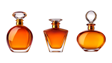 Pack Amber Perfume Bottle Set in Different Poses Against Transparent Background for Luxury Fragrance, Cosmetic Branding, or Beauty Promotion