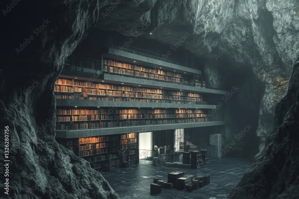Aufkleber cave library with modern architecture featuring stacked shelves and warm lighting