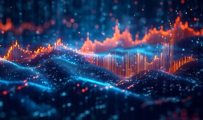 Obraz premium dynamic visualization of data in vibrant blue and orange hues, resembling a digital landscape of information