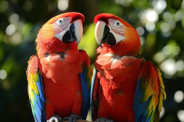 Colorful parrots perched together in a lush tropical setting during the daytime