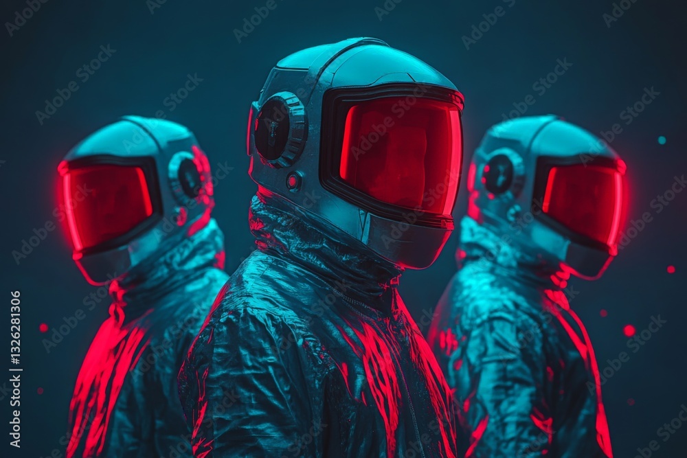 Aufkleber Three astronauts in metallic suits with glowing helmets in a futuristic backdrop