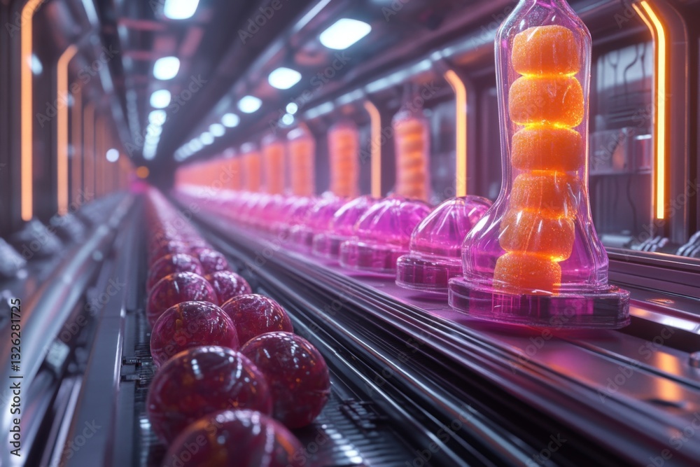 Aufkleber Futuristic conveyor system transporting colorful orbs and stacked shapes in a sleek industrial setting