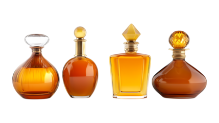 Pack Amber Perfume Bottle Set in Different Poses Against Transparent Background for Luxury Fragrance, Cosmetic Branding, or Beauty Promotion