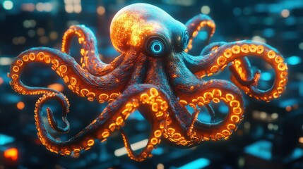 Obraz premium A vintage-style robotic octopus with glowing neon tentacles, floating in a zero-gravity cyber ocean