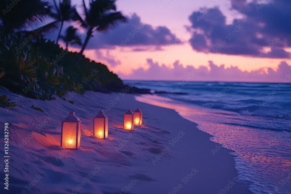 Poster Soft glowing lanterns illuminate a tranquil beach at twilight near the ocean with gentle waves under a colorful sky