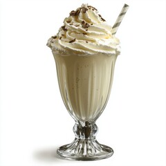 Delectable glass of milkshake with fluffy whipped cream and chocolate sauce on a bright white background