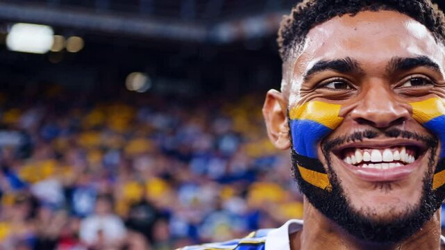 Smiling Saint Lucian man with face painted in Saint Lucia national colors at a sports stadium, passionate football supporter celebrating  
