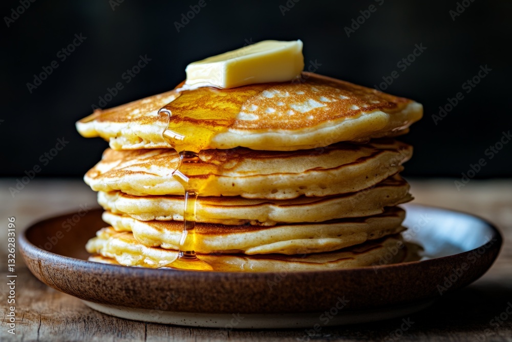 Poster delicious stack of fluffy pancakes with butter and syrup served on a rustic wooden table