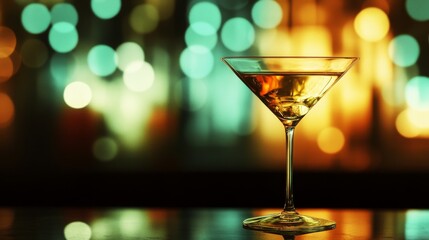 Artisanal bar scene composition, perfectly posed cocktail glass, smooth golden liquid layers, garnishing action detail, multi-colored bottle blur background, textured bar surface, intimate lighting