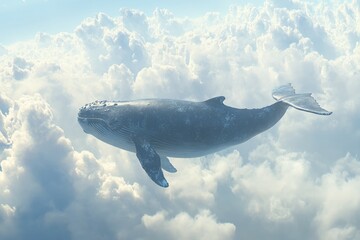 Fototapeta premium Majestic whale swimming among clouds in surreal sky. AI generative