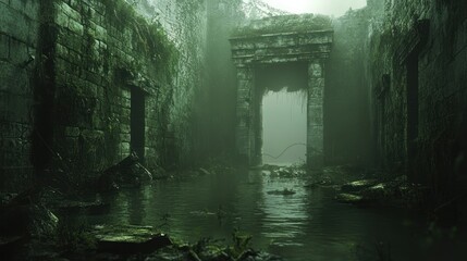 Enchanted Ruins A Mysterious Gateway Amidst Overgrown Nature and Foggy Atmosphere