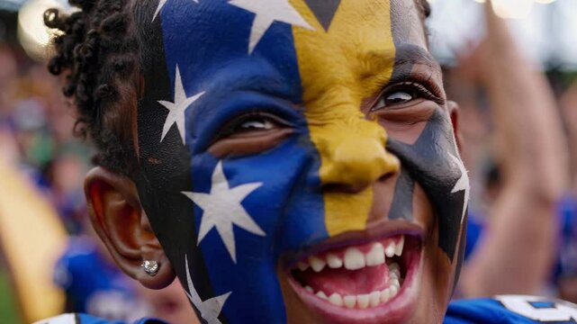 Excited Saint Lucian child with face painted in Saint Lucia national colors at a sports stadium, joyful football supporter cheering  
